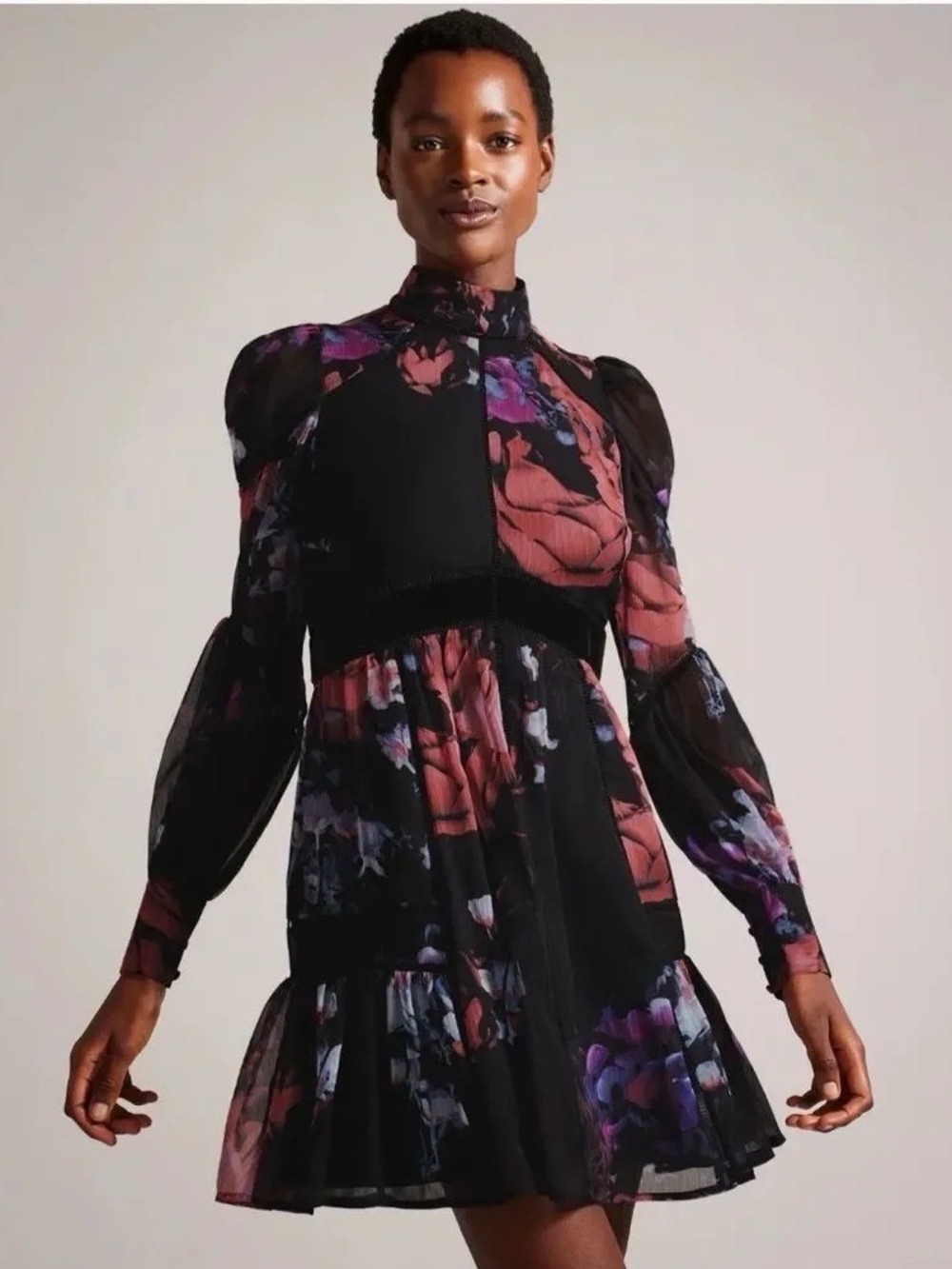 Ted Baker London Black Chiffon Dress with Red & Purple Floral Print